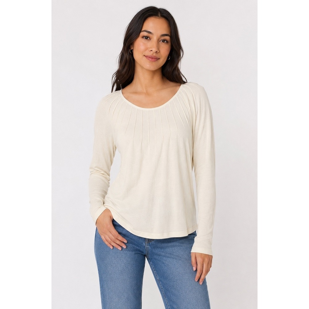 ELLE Women's Medium Ivory Pleated Long Sleeve Top Pima Cotton Modal NWT